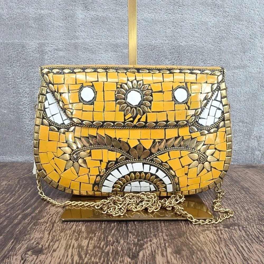 Antik Craft Metal Clutch Crossbody Honey Metallic Gold Mosaic Tile Art Chain New - Picture 1 of 15